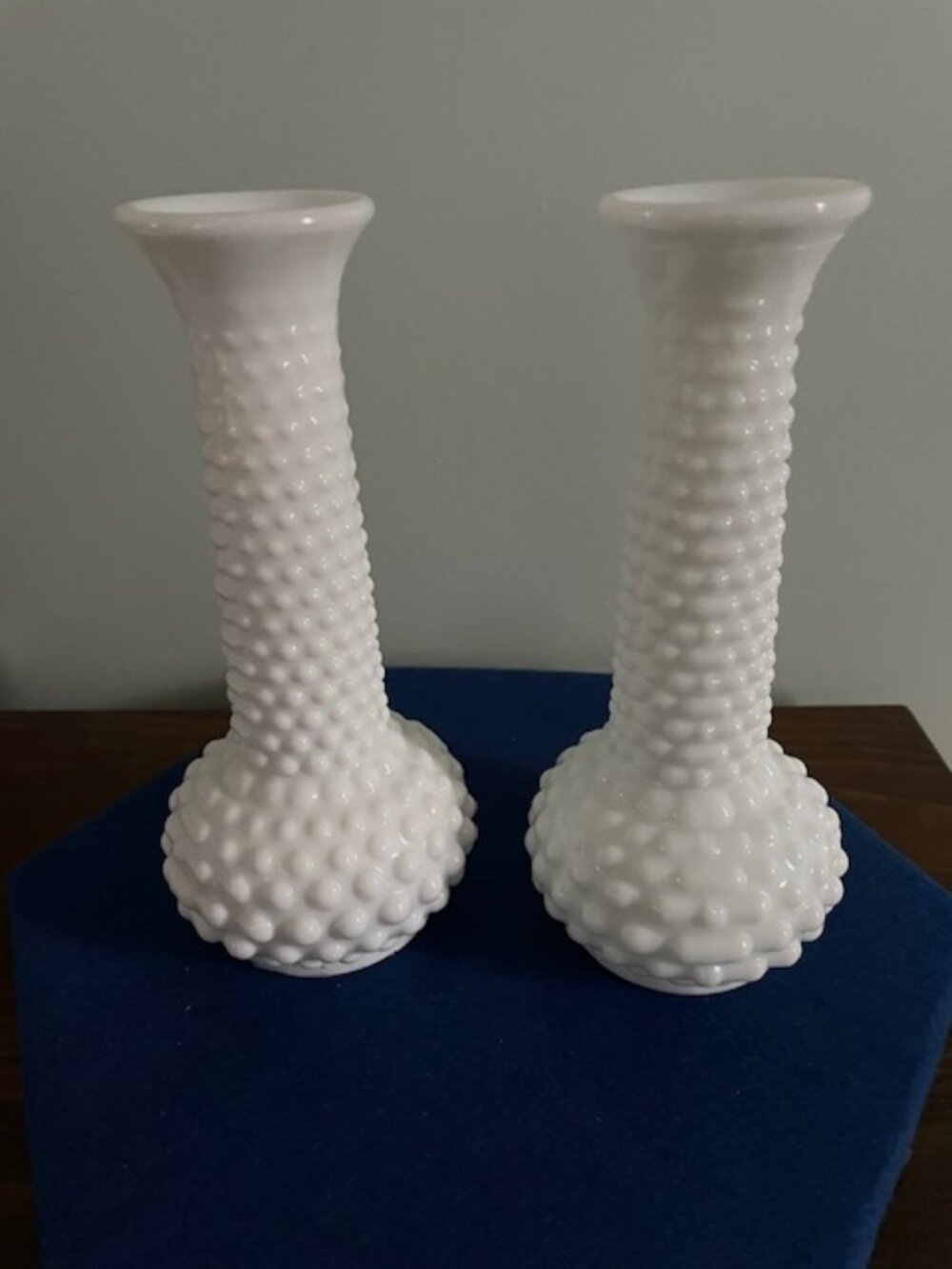 E O Brody Hobnail Milk Glass Bud Vases, 8" tall (2)